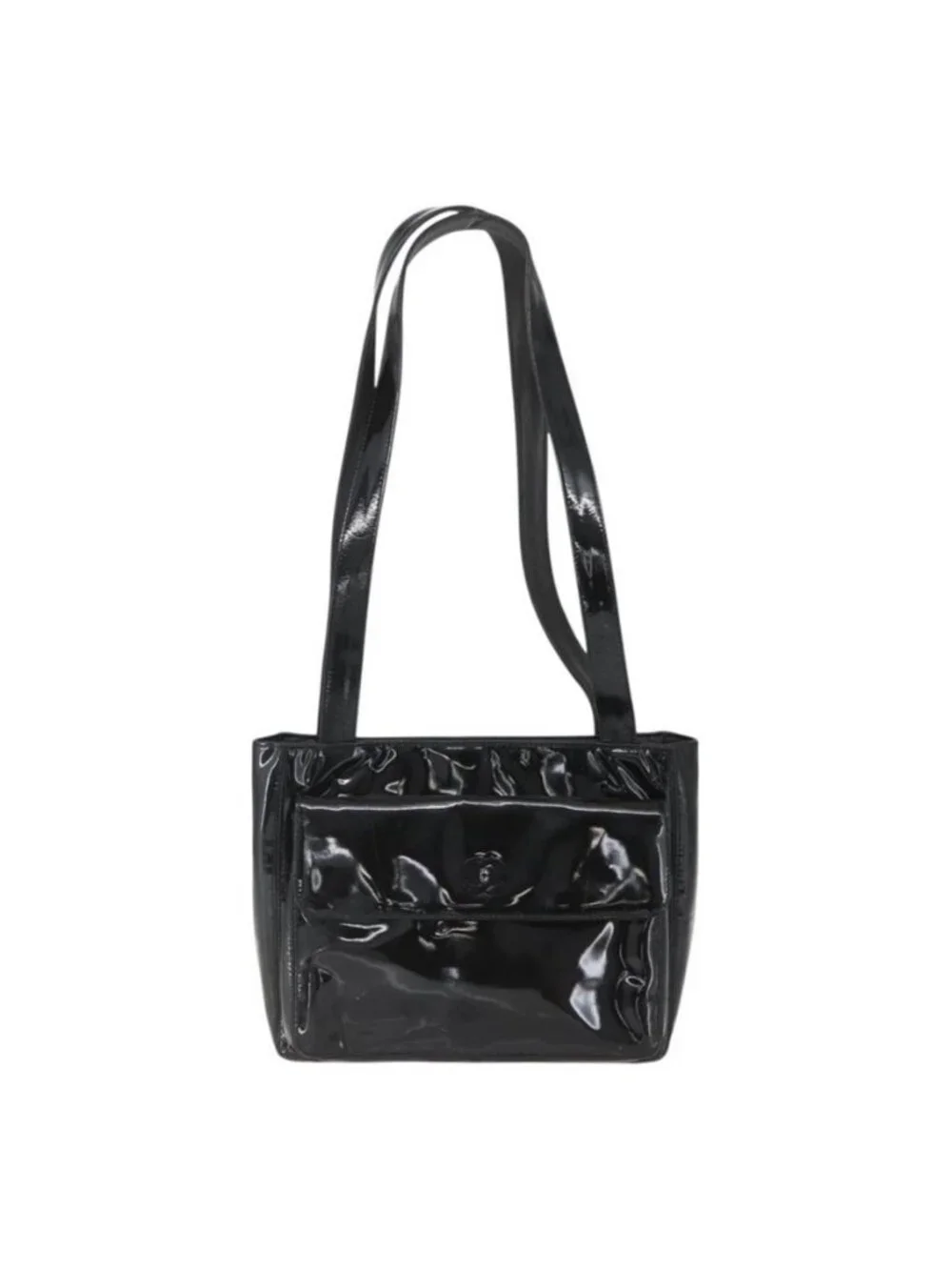 Authentic CHANEL COCO Mark Shoulder Bag Patent leather Black Silver CC